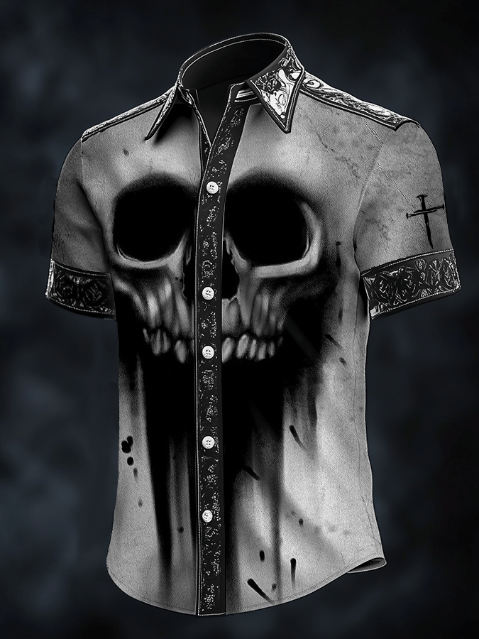 Men's Dark Skull Print Satin Short Sleeve Shirt