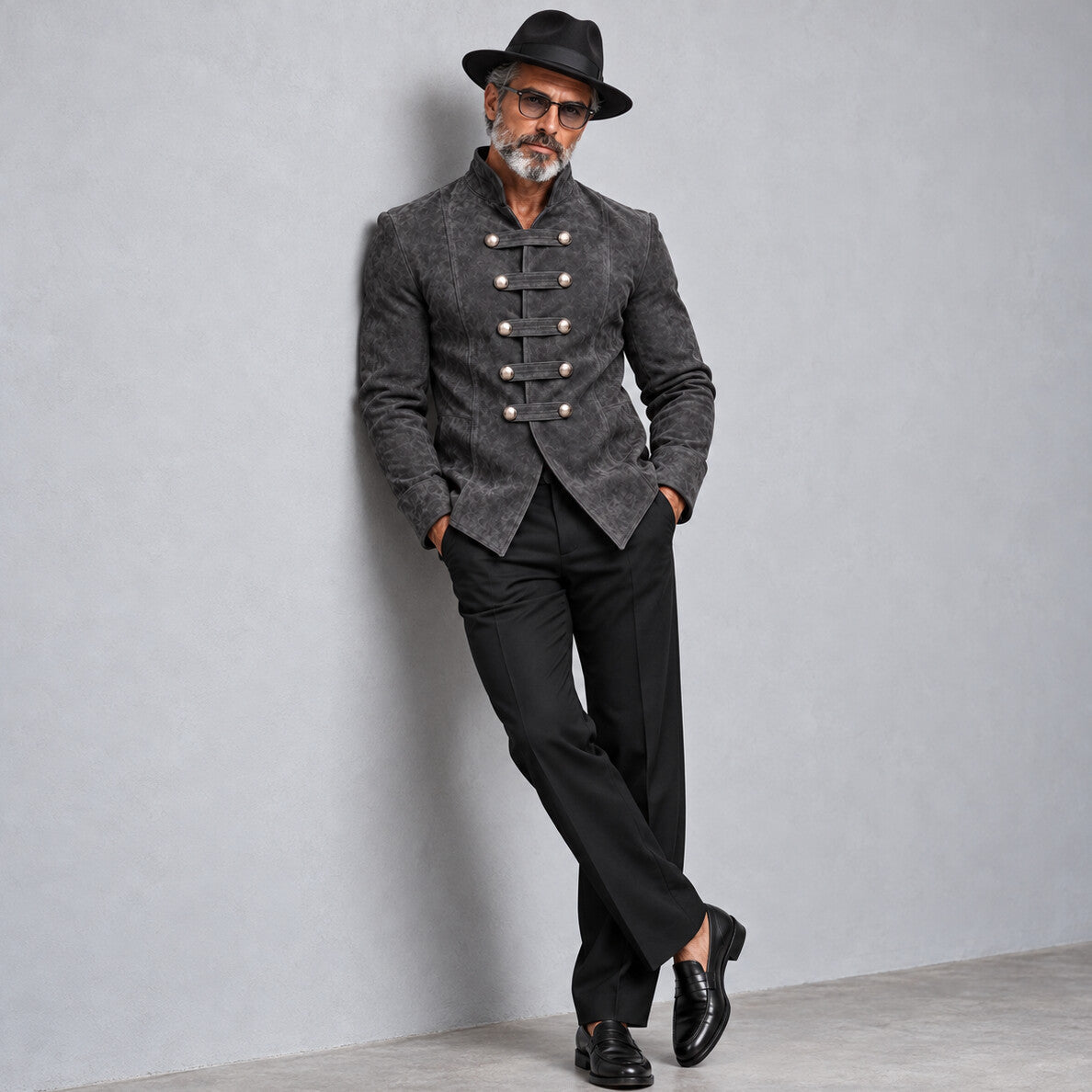 Men's Burgundy Suede Stand Collar Metal Button Slim Fit Vintage Hussar Jacket