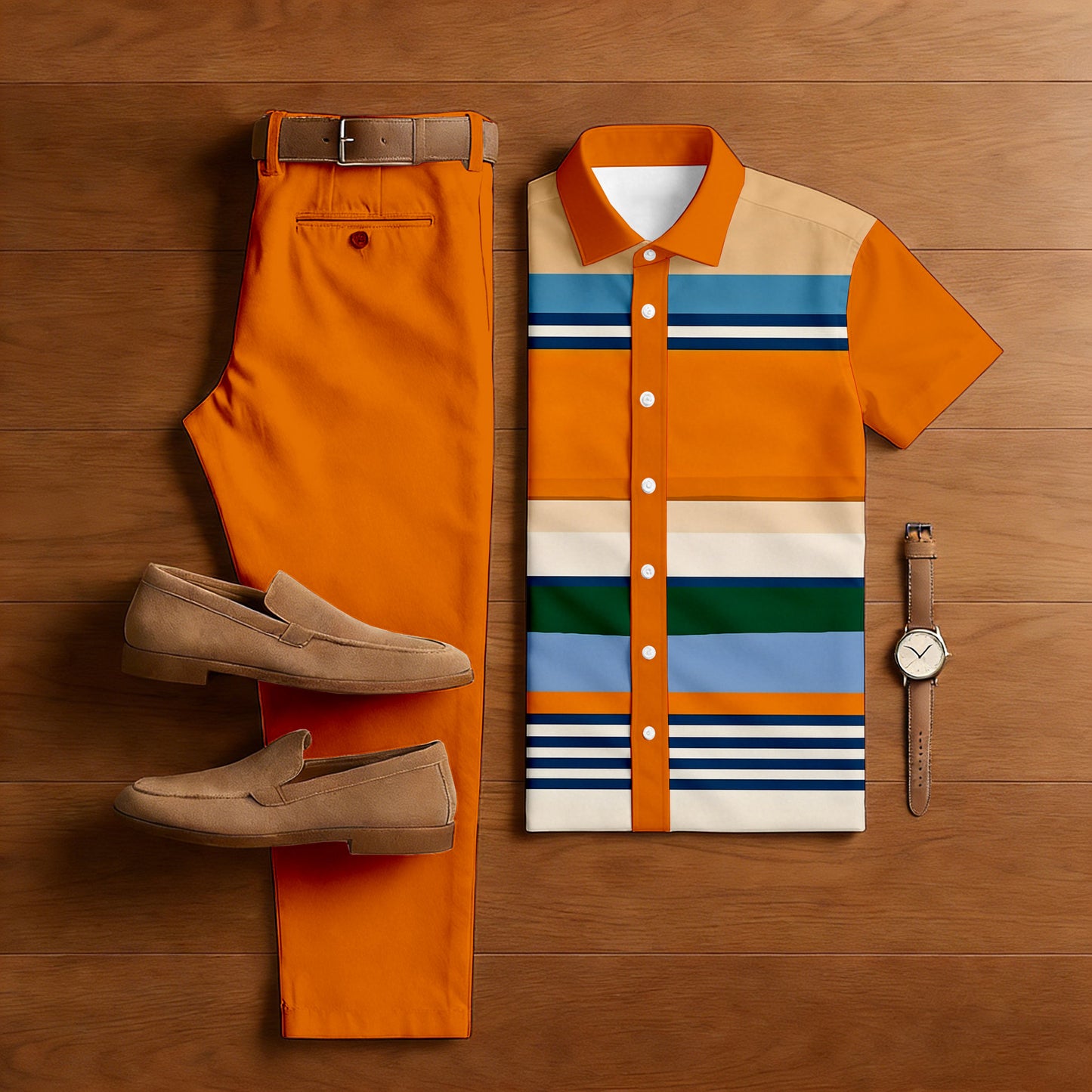 Men's Casual Orange & Multi Color Matching Striped Print Short-Sleeve Shirt & Trousers Two-Piece Set