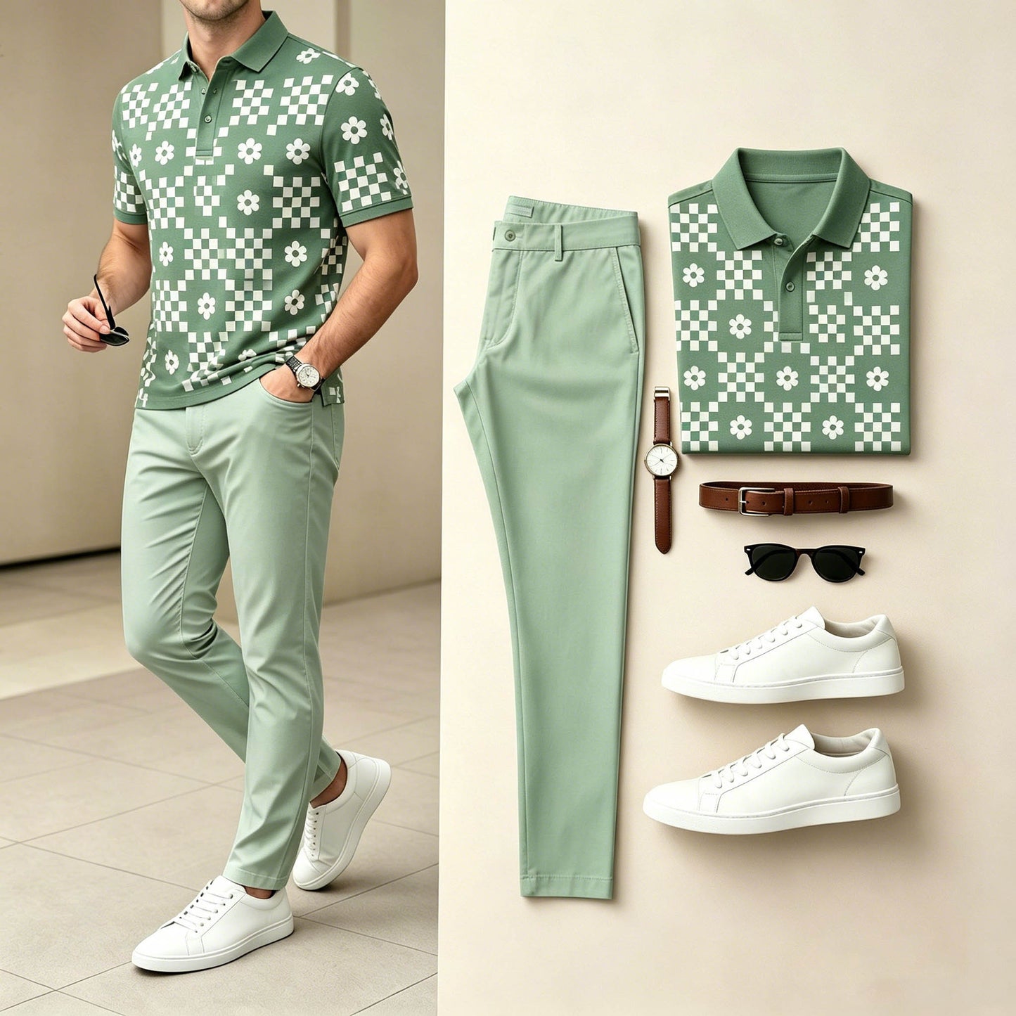 Men's Casual Green & White Color Matching Floral Printed Short Sleeves Polo Shirt & Pants Two-Piece Set