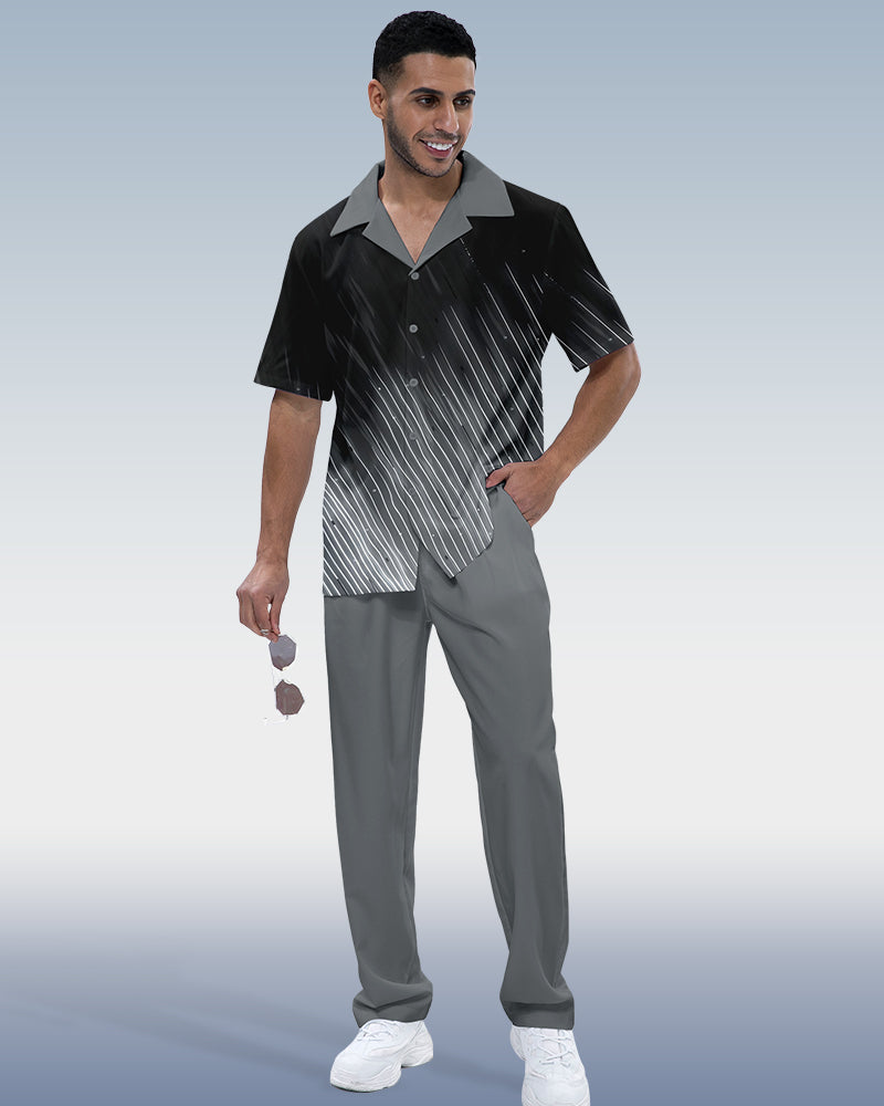 Rianmond Men's Gradient Print Short Sleeve Shirt Walking Suit 703