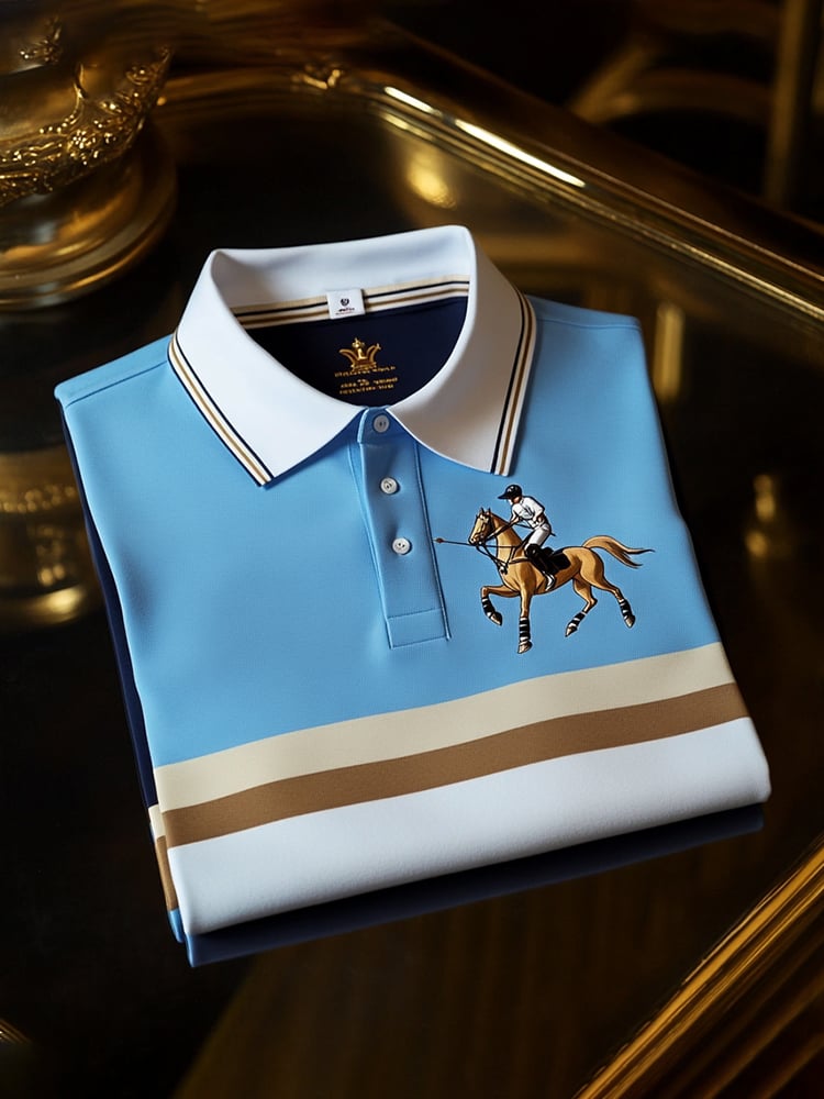 Men's Classic Business Check Logo Button Short Sleeve Polo Shirt