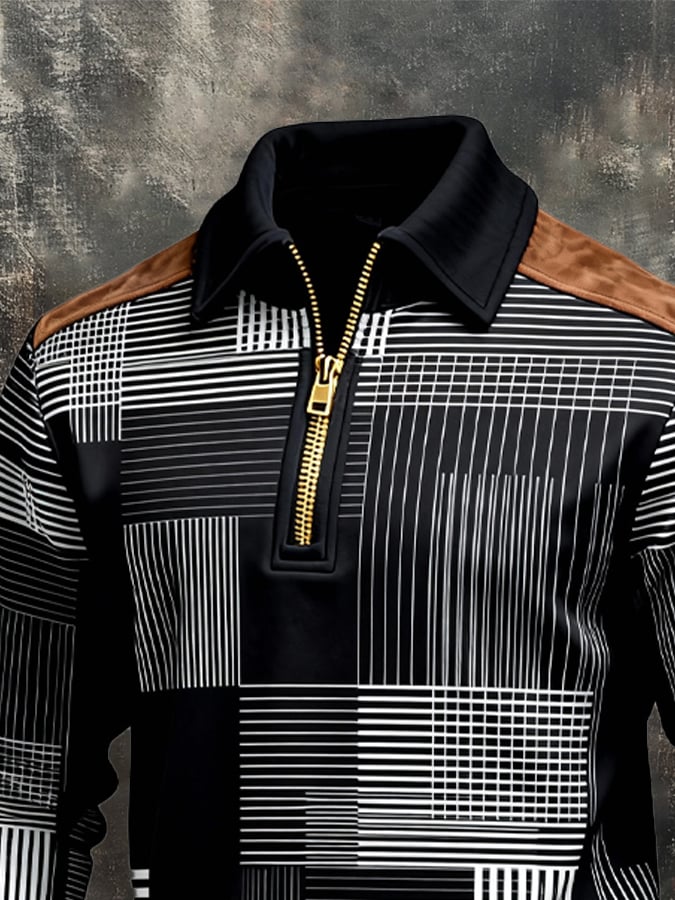 Men's Retro Color Block Print Zipper Sweatshirt