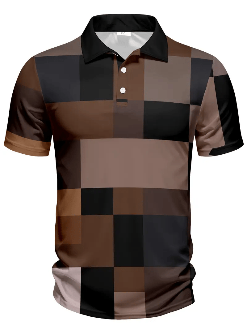Men's Business Stripe Logo Button-Down Short Sleeve Polo Shirt