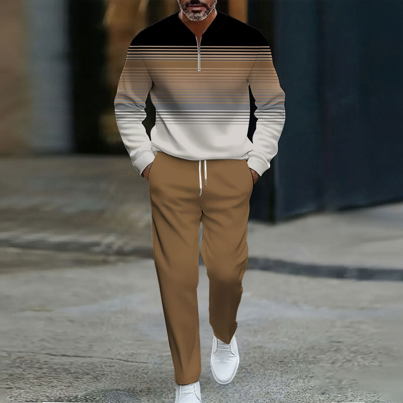Men's Casual Navy Blue & Brown Striped Gradient Printed Round Neck Zipper Long-Sleeve Sweatshirt & Pants Two-Piece Set
