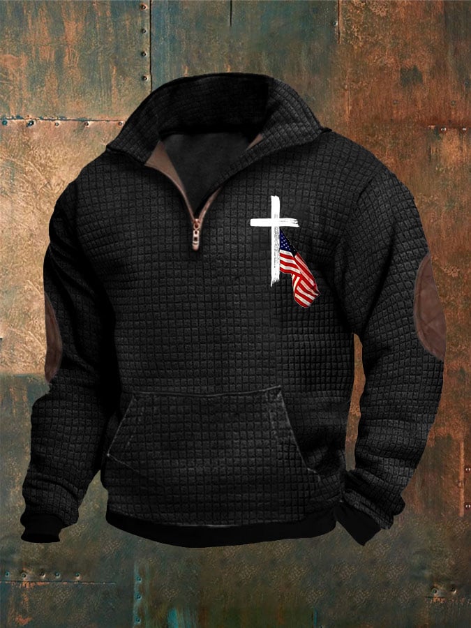 Men's Casual Zip Neck Waffle Faith Print Sweatshirt