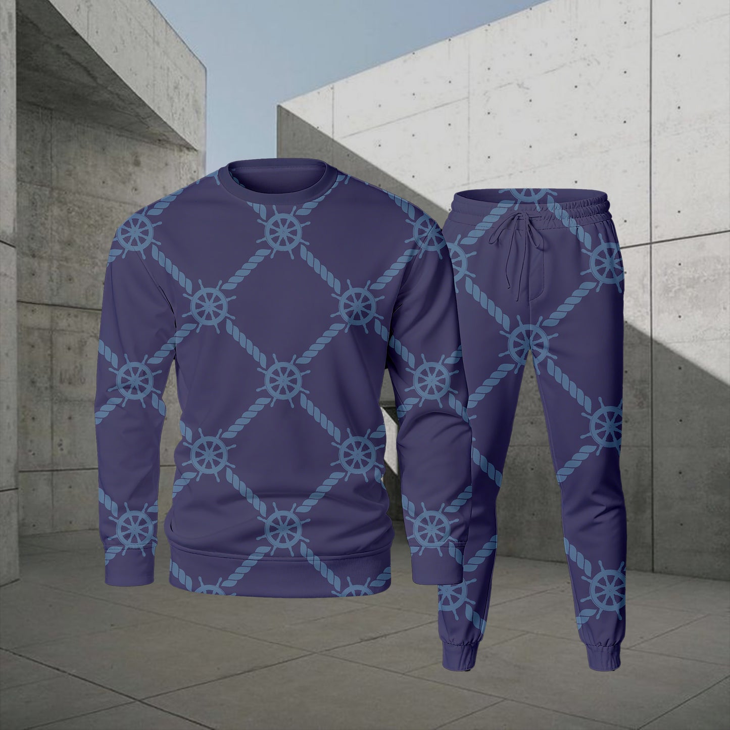 Men's Casual Color Matching Printed Round-Neck Long-Sleeve Sweatshirts Trousers Two-Piece Set
