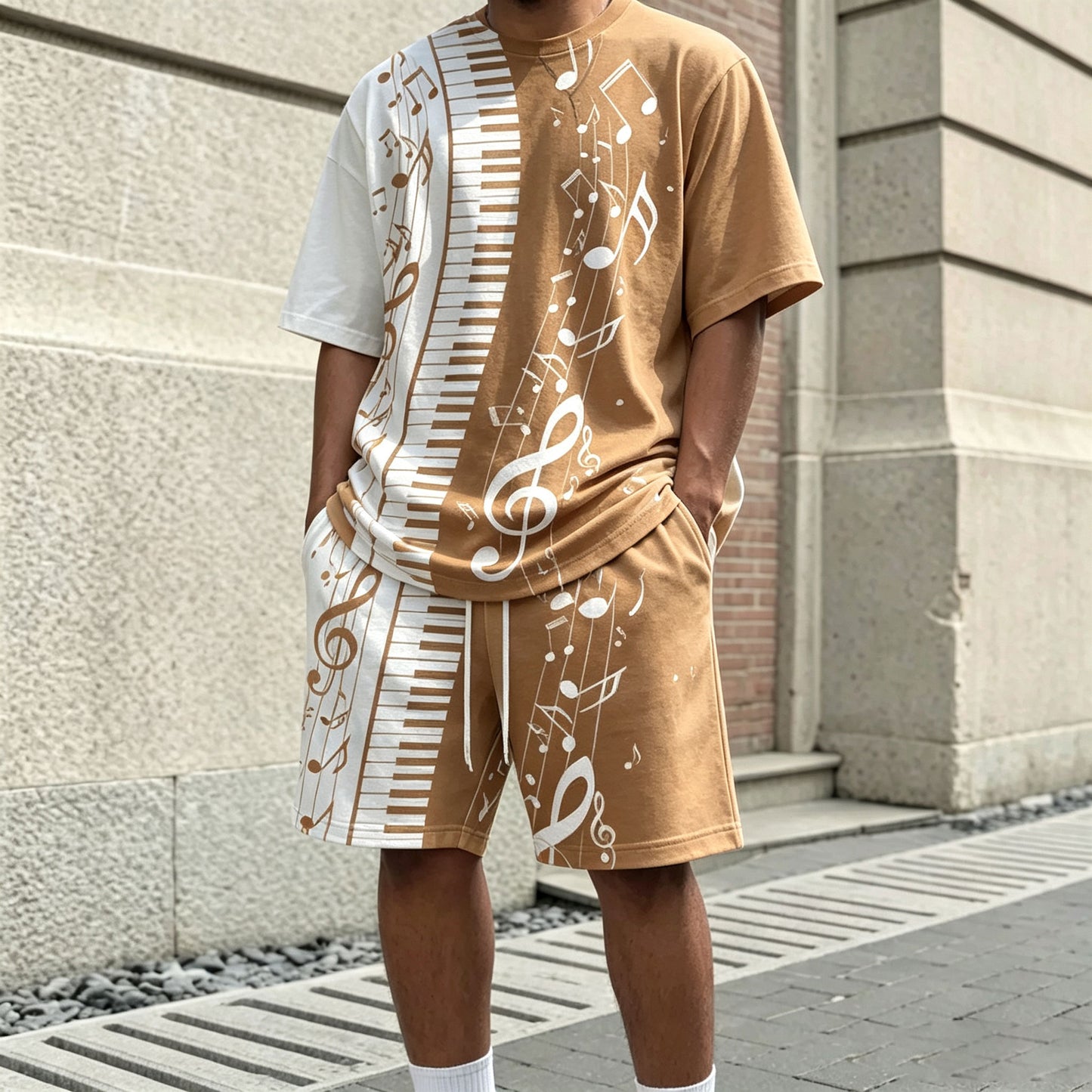 Men's Casual Music Note Print Round-Neck Short-Sleeve T-Shirt and Shorts Two-Piece Set