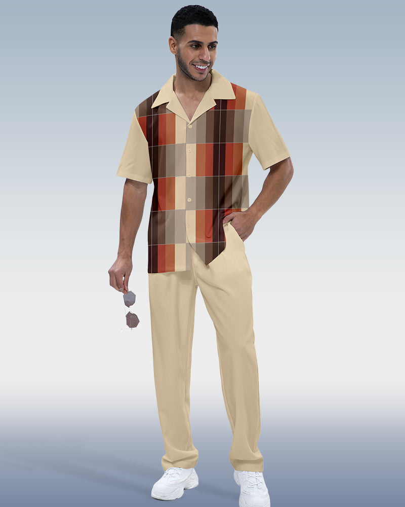 Men's Color Block Printed Short Sleeve Shirt Walking Set 1002