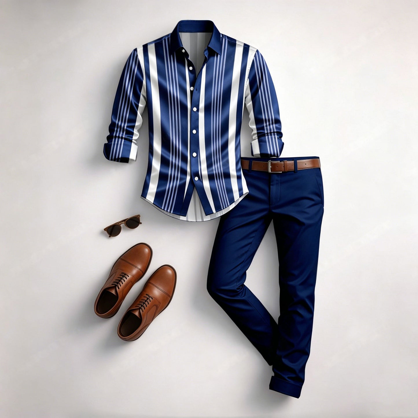 Men's Casual Navy Blue Stripes Color Matching Geometric Printed Long Sleeved Shirt & Trousers Two-Piece Set