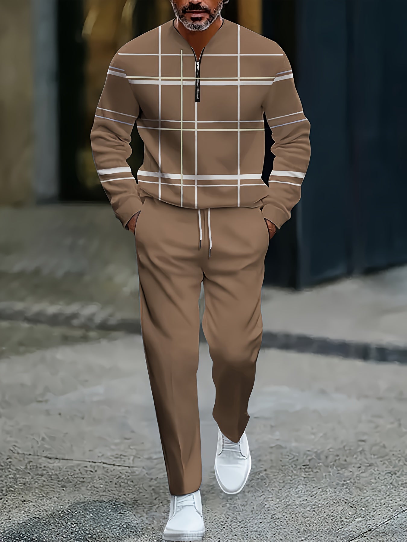 Men's Casual Brown & White Color Matching Geometric Printed Round-Neck Zipper Long Sleeved Tops & Trousers Two-Piece Set