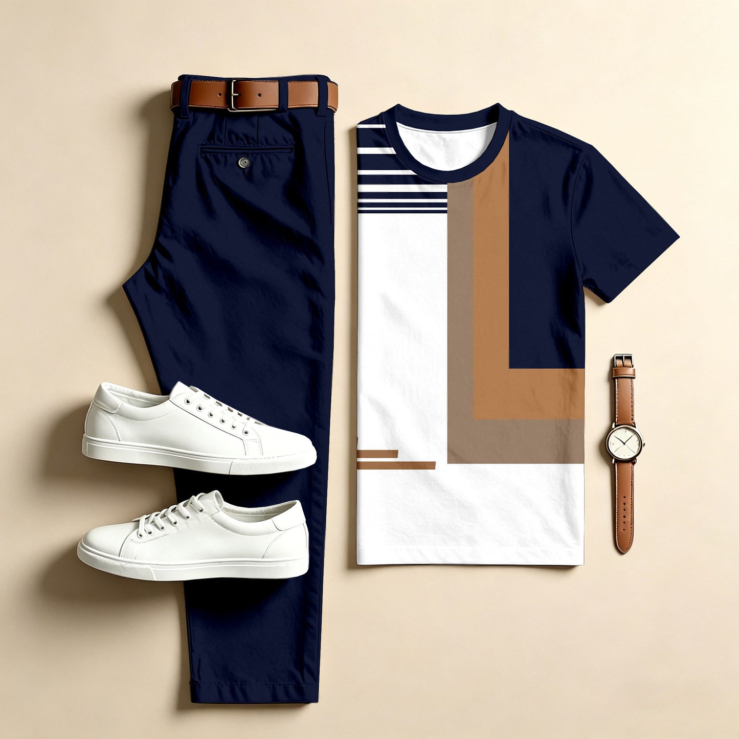 Men's Casual Color-Blocked Geometric Two-Piece Set: Printed Crew Neck Short-Sleeve Top & Long Pants