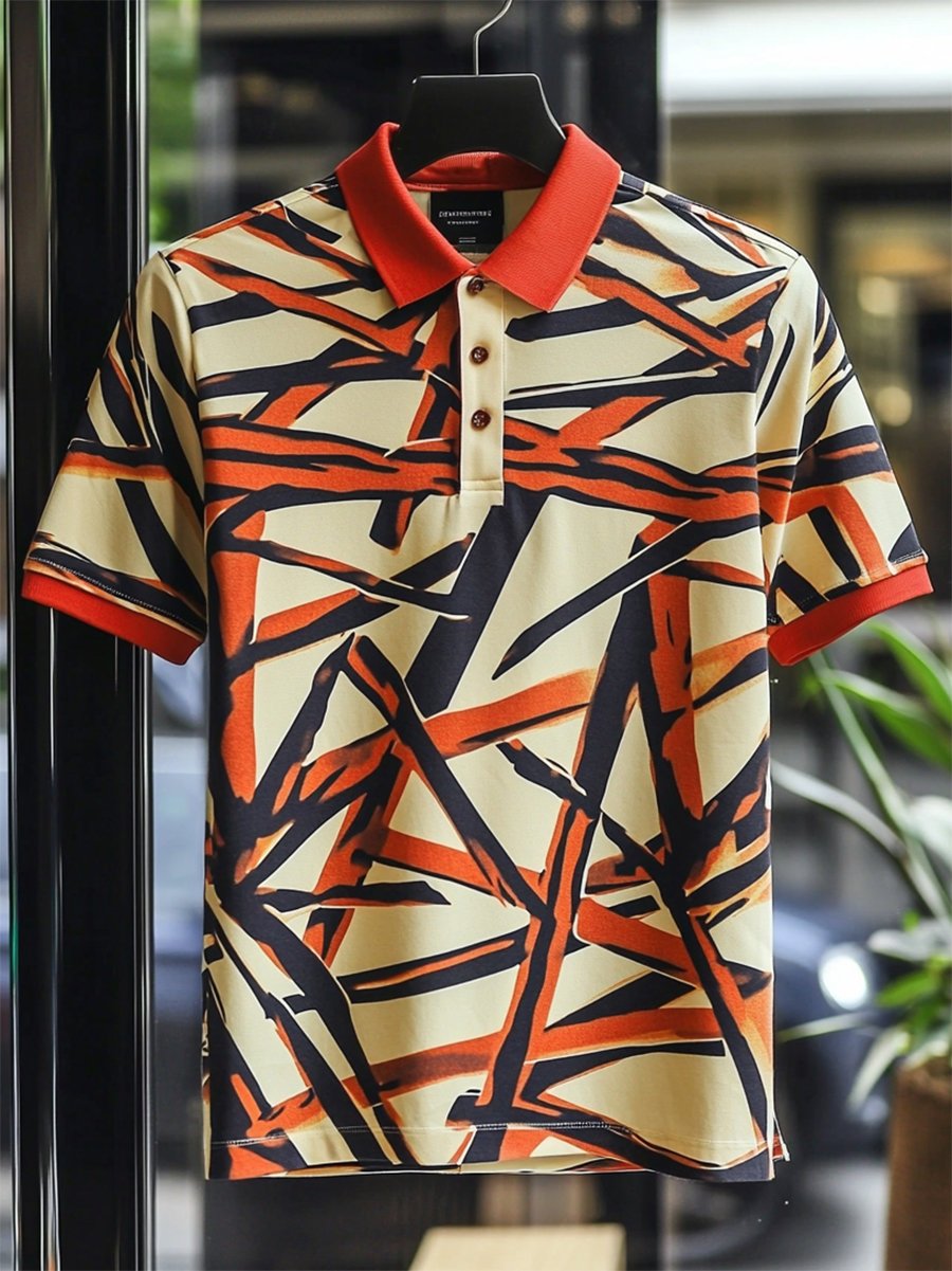 Men's Vintage Casual Bauhaus Geometric Art Button Short Sleeve Polo Shirt