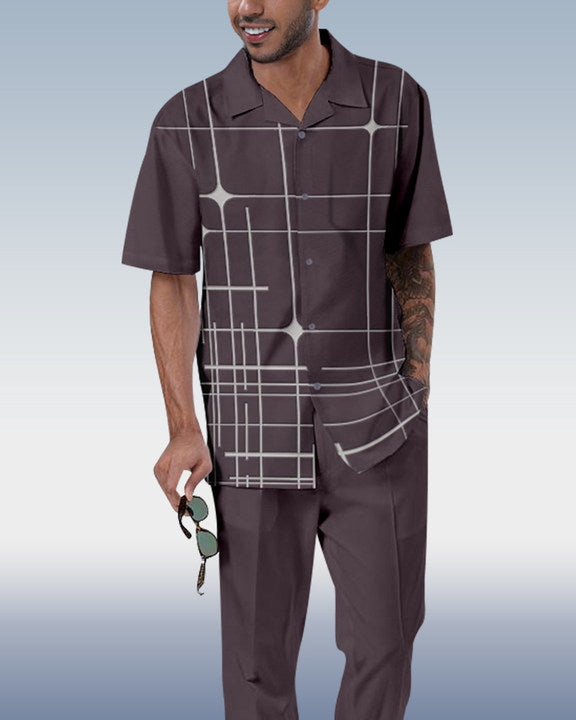 Rianmond Men's Colorblock Check Short Sleeve Shirt Walking Set 375