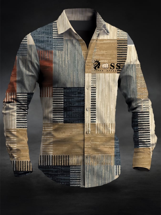 Men's Retro Letter Design Printed Business Long Sleeve Shirt