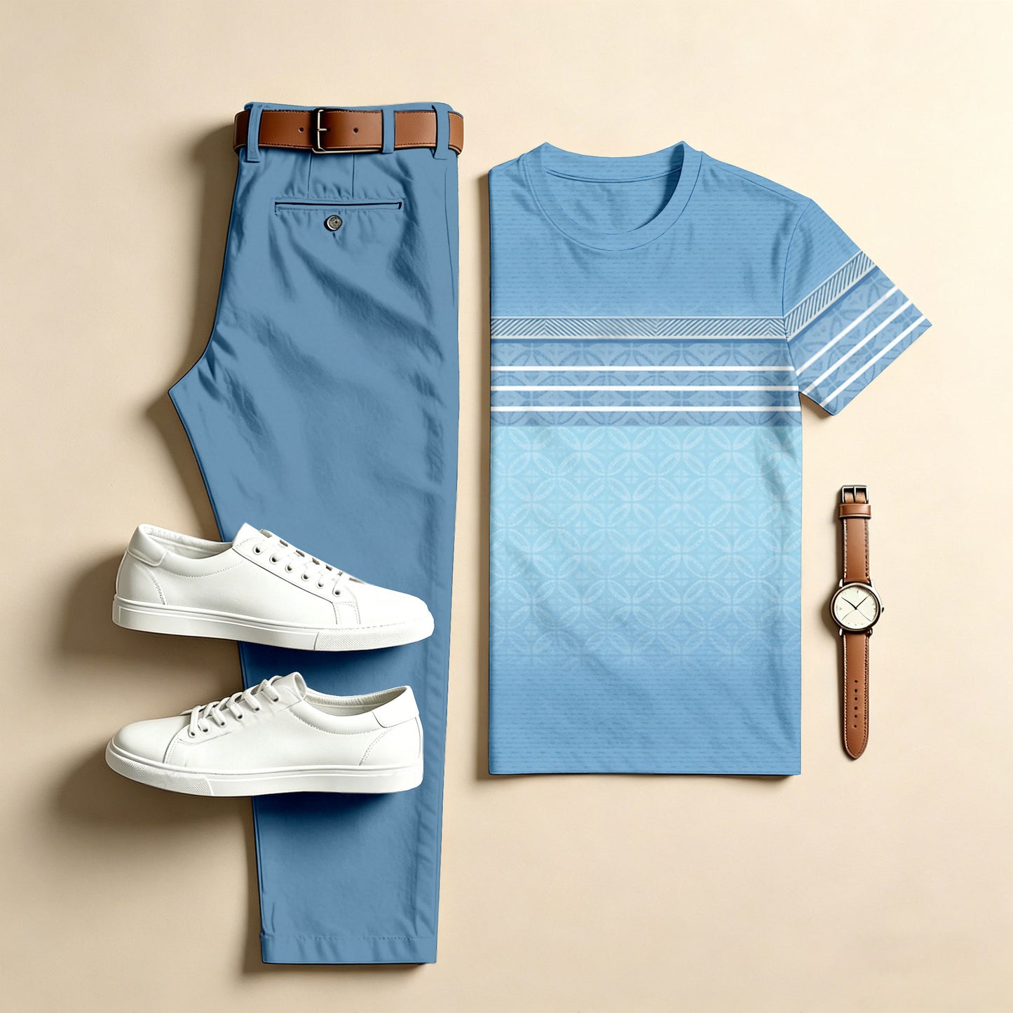 Men's Casual Gradient Stripes Two-Piece Set: Printed Crew Neck Short-Sleeve Top & Long Pants