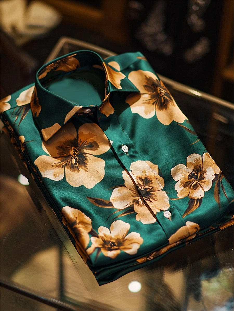 Men's Satin Luxe Hawaiian Print Short Sleeve Button Shirt