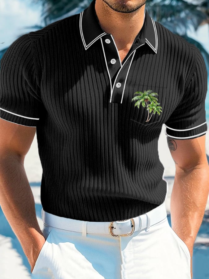 Men's Casual Vacation Coconut Tree Striped Polo