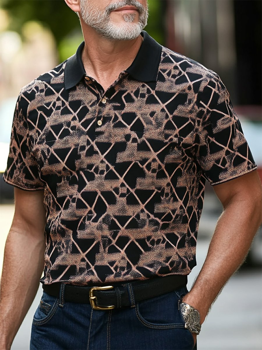 Men's Casual Business Geometric Print Button-Down Short Sleeve Polo Shirt