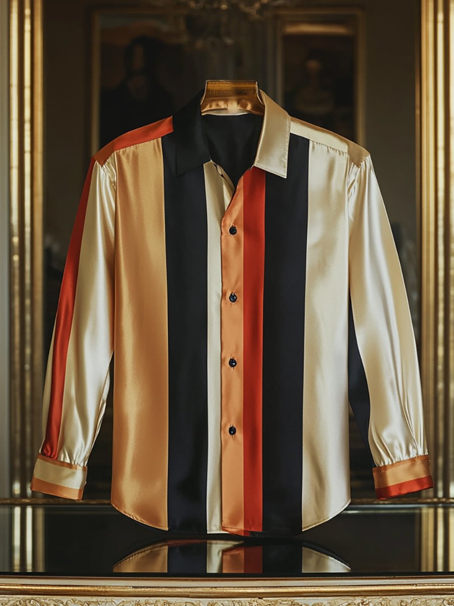 Men's Satin Luxury Business Charlie Sheen Striped Long Sleeve Shirt
