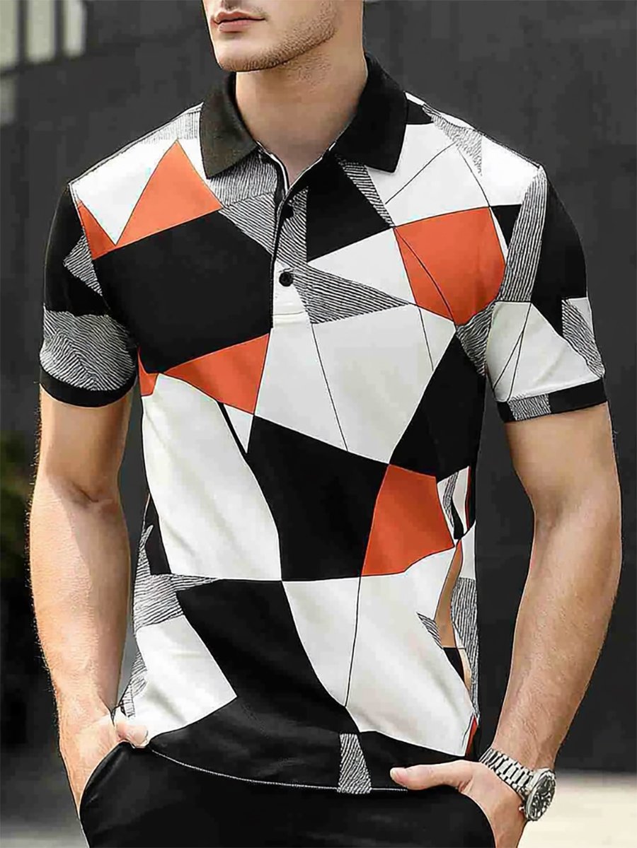 Men's Casual Business Geometric Print Button-Down Short Sleeve Polo Shirt