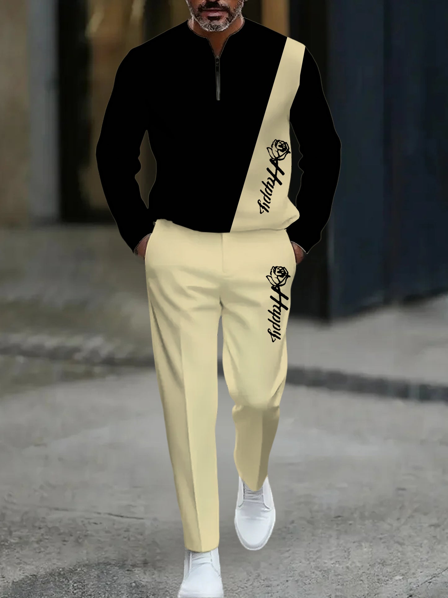 Men's Casual Black & Beige Color Matching Geometric Asymmetric Printed Round-Neck Zipper Long Sleeved Sweatshirt & Trousers Two-Piece Set