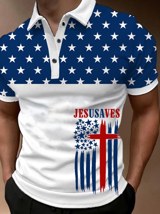 Men's Vintage USA Jesus Saves Printed POLO Shirt