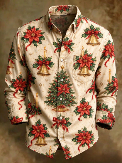 Men's Vintage Christmas Bell & Poinsettia Long Sleeve Button Up Holiday Shirt