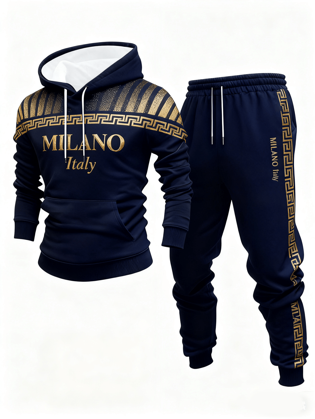 Men's Casual Gold & Navy Blue Color Matching Printed Hoodies Long Sleeved Sweatshirts & Sweatpants Two-Piece Set