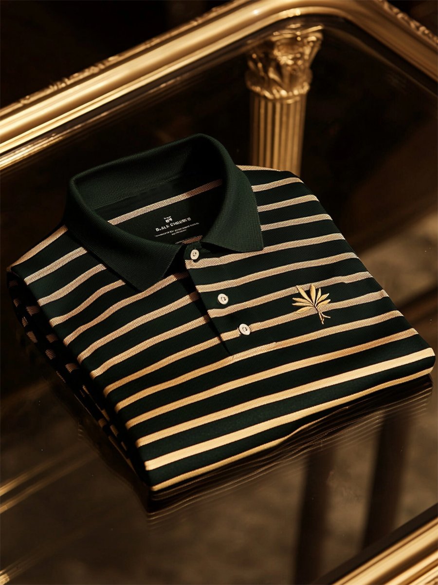 Men's Business Casual Striped Button Short Sleeve Polo Shirt