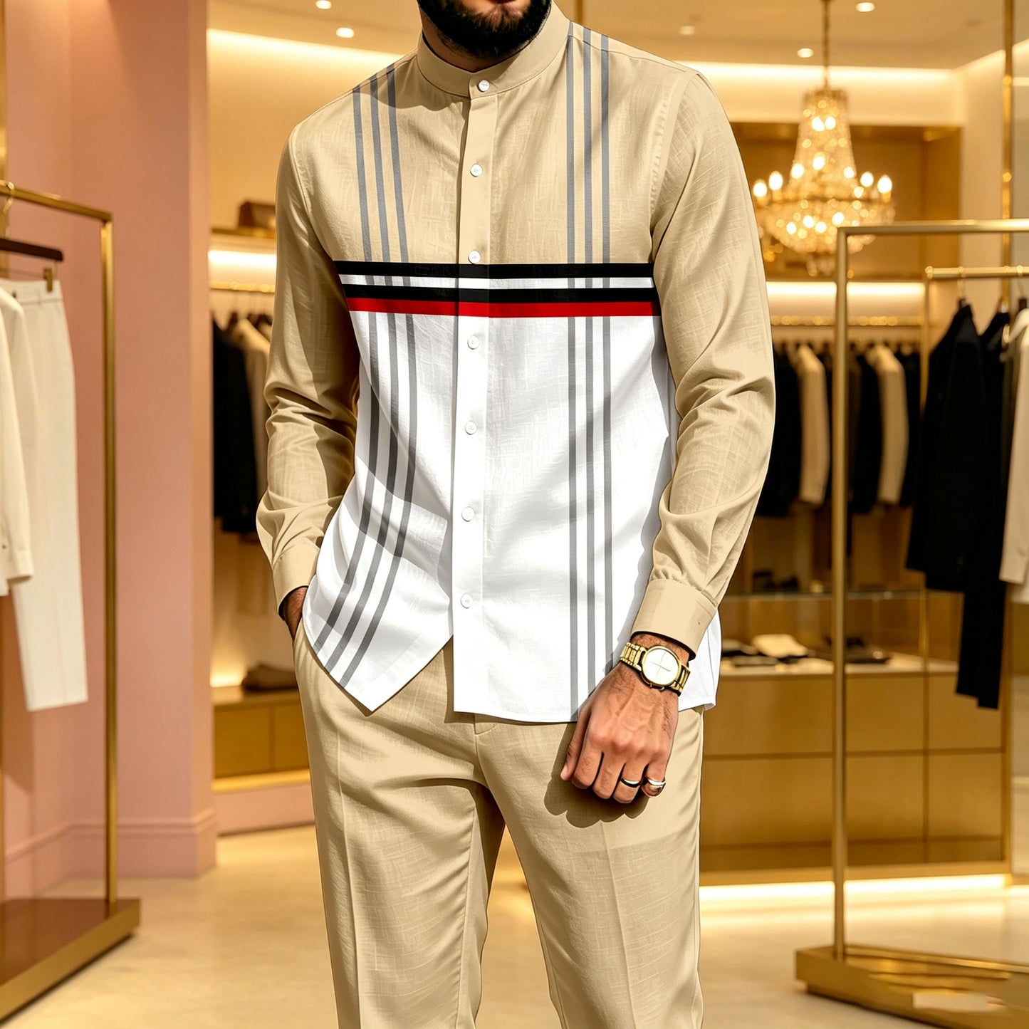 Men's Casual Two-Piece Set: Color-Blocked Printed Stand-Collar Long-Sleeve Shirt and Pants