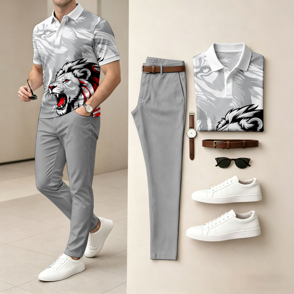 Men's Animal-Print Short-Sleeve Polo Shirt and Pants Set