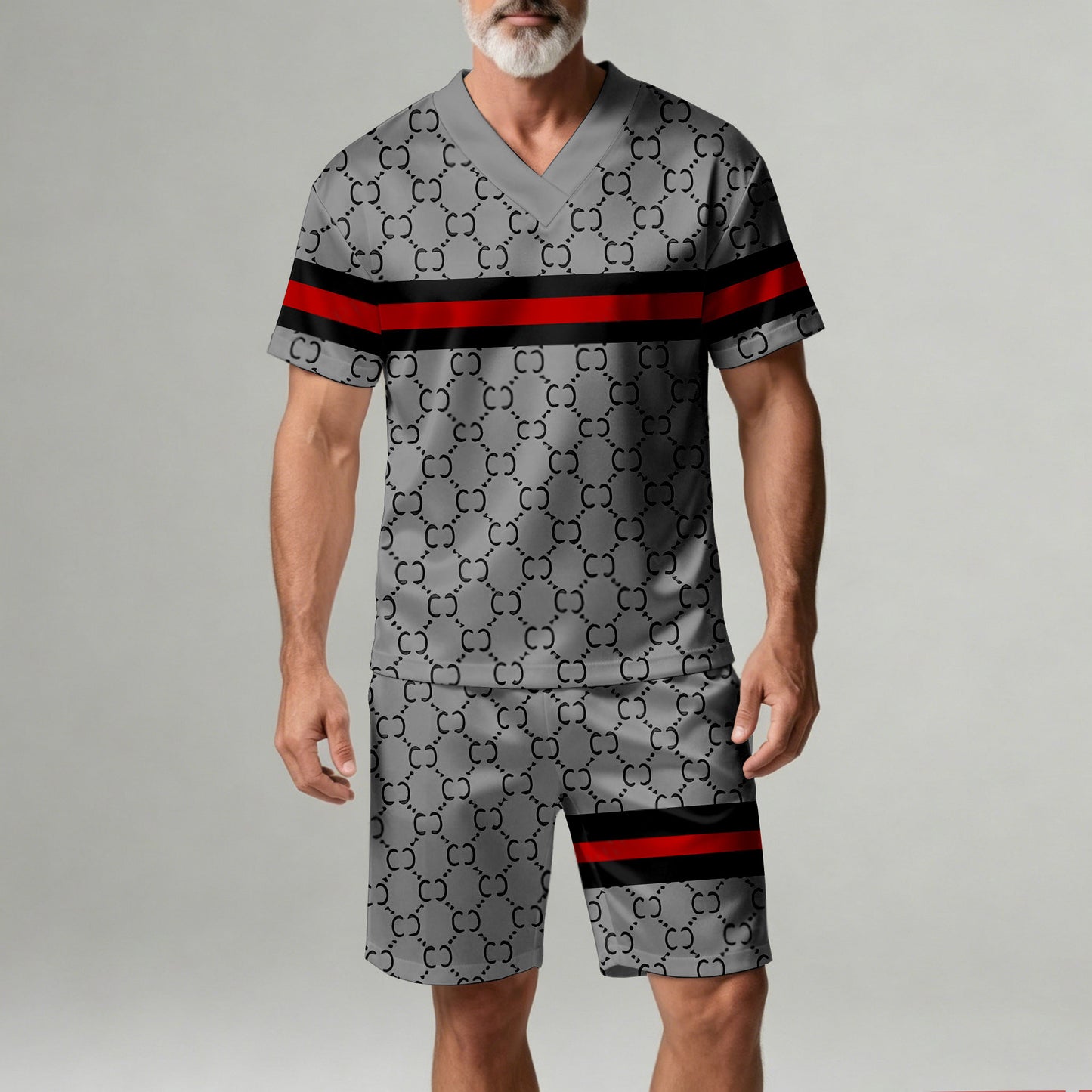 Men's Casual Gray Plaid Geometric Print V-Neck Short-Sleeve T-Shirt And Shorts Two-Piece Set