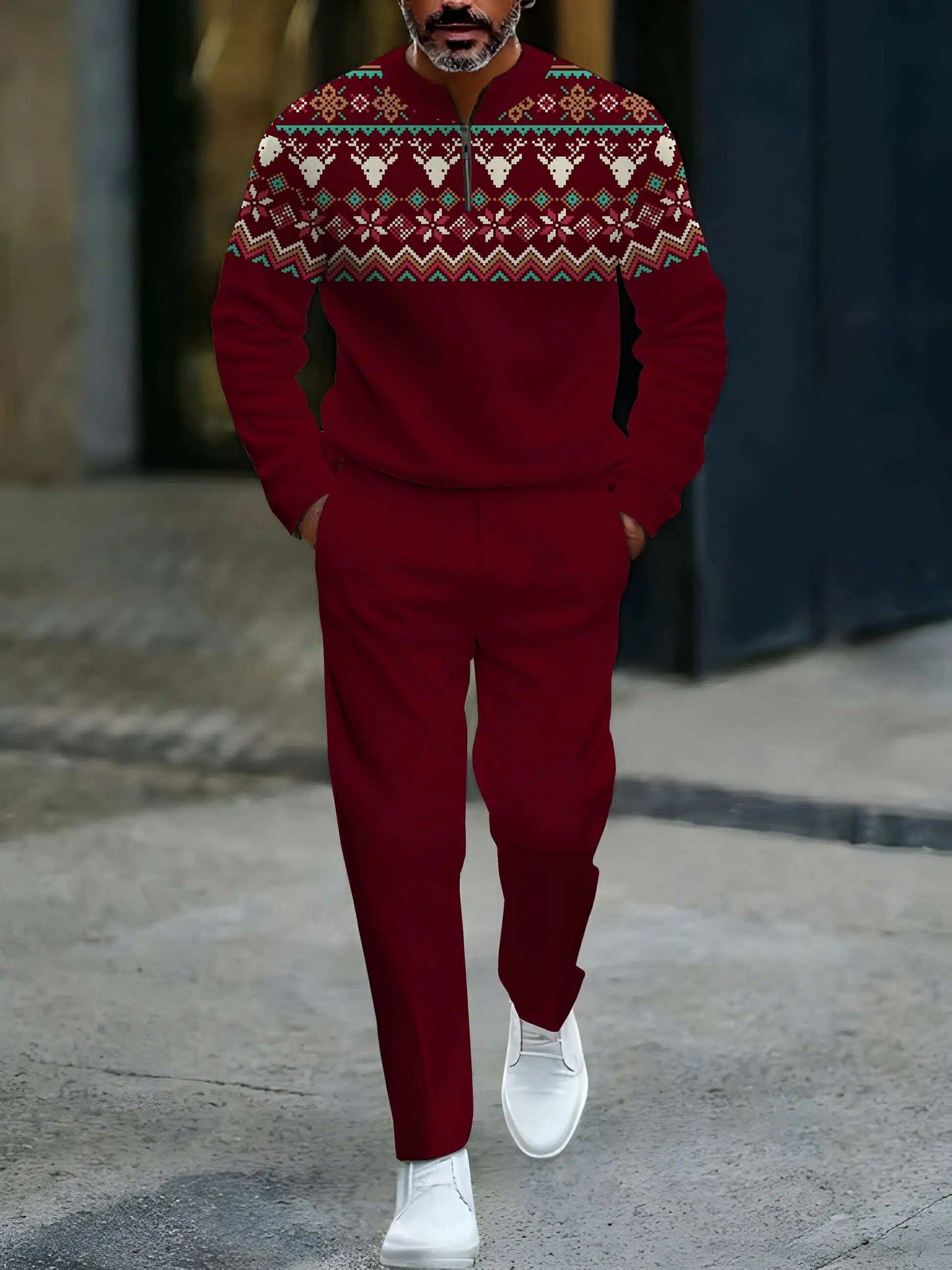 Men's Casual Maroon Color Matching Christmas Printed Round-Neck Zipper Long Sleeved Sweatshirt & Trousers Two-Piece Set