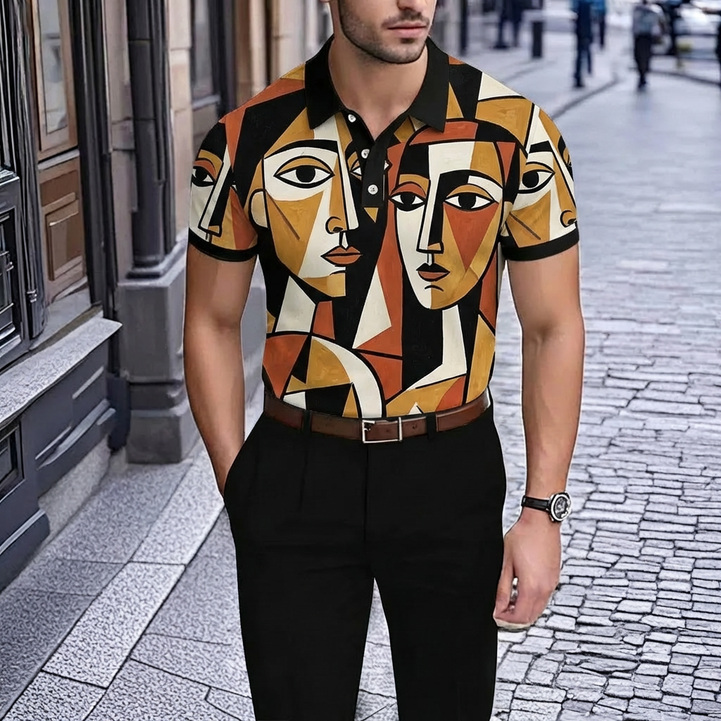 Men's Retro Brown Character Print Short-Sleeve Polo Shirt