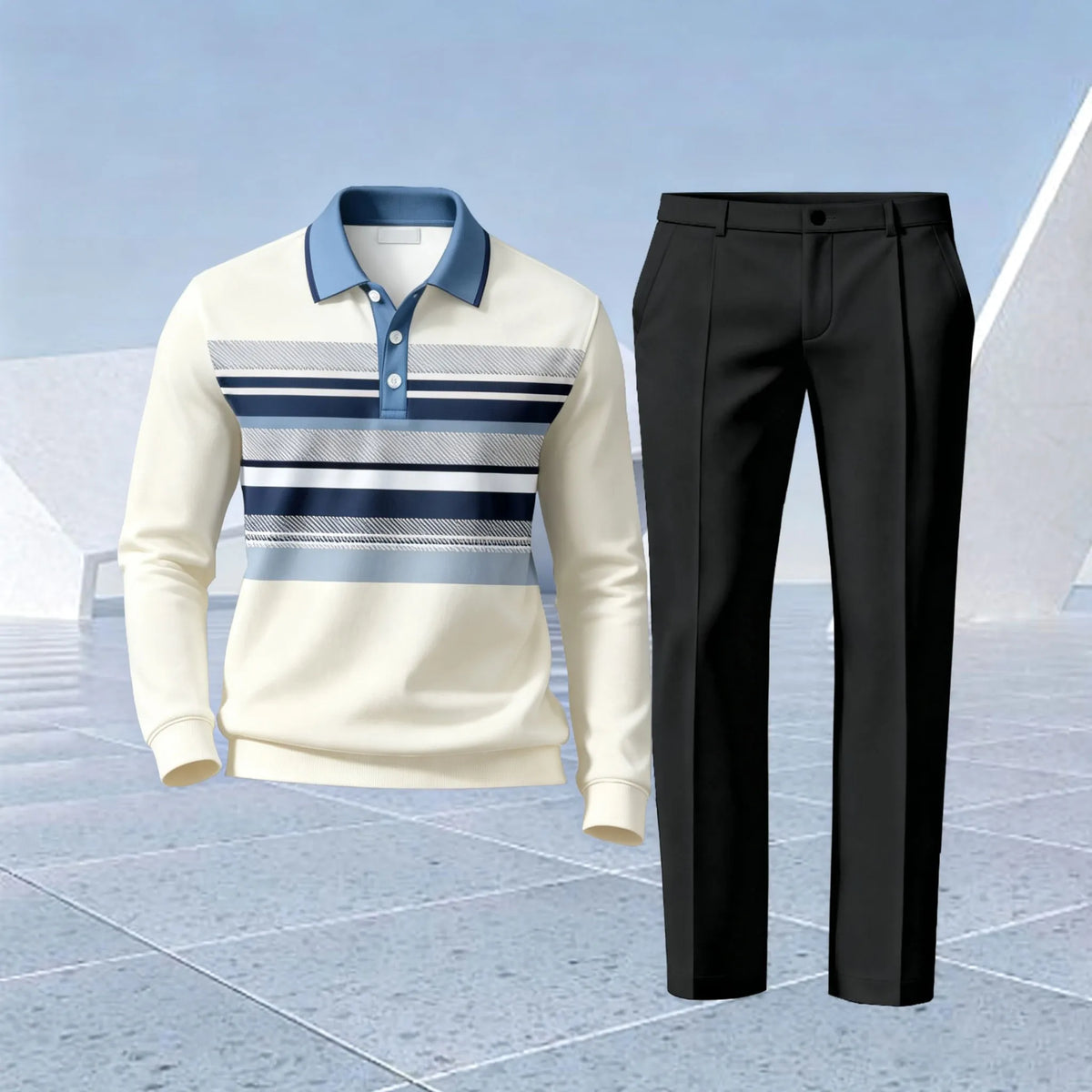 Men's Two-Piece Set: Color-Blocked Striped Polo Shirt and Pants