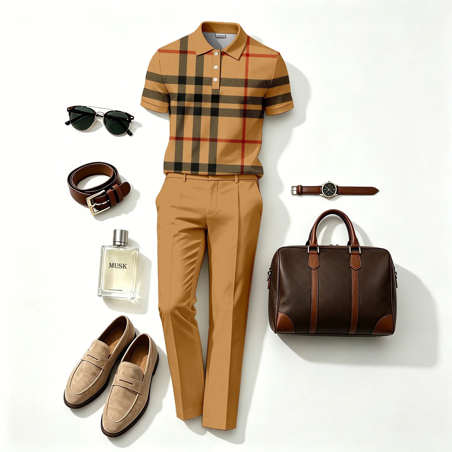 Men's Casual Retro Large Check Print Short-Sleeve Polo Shirt and Pants Two-Piece Set (Does Not Include Accessories Such As Watches Or Glasses)