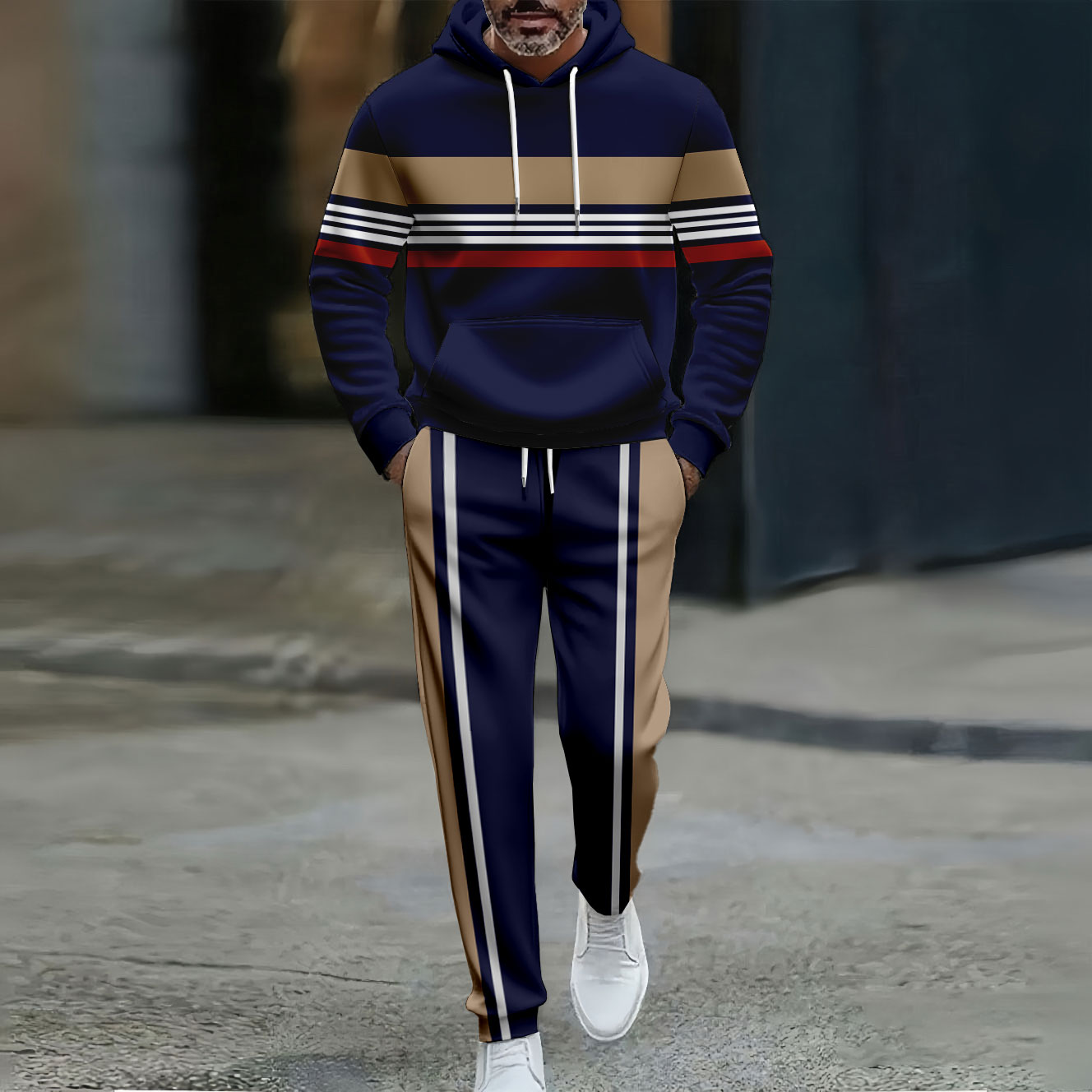 Men's Casual Navy Blue & Brown Color Matching Striped Printed Hooded Long Sleeved Trousers Two-Piece Set