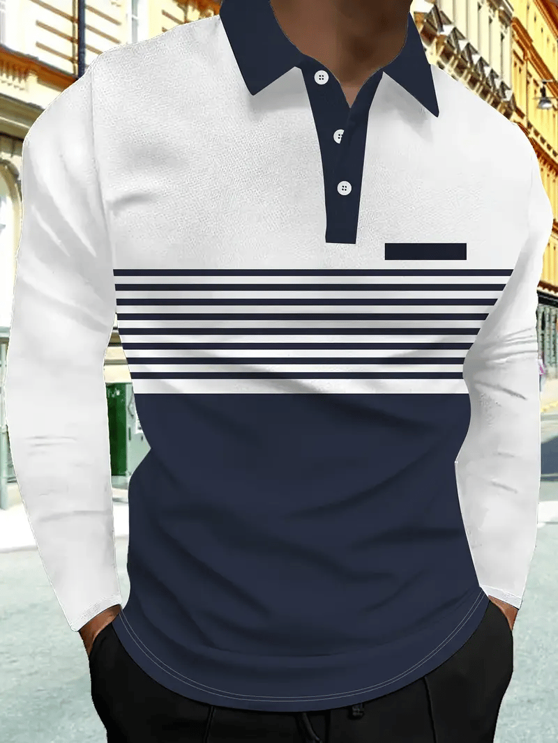 Men's Business Casual Striped Long-Sleeved Polo Shirt
