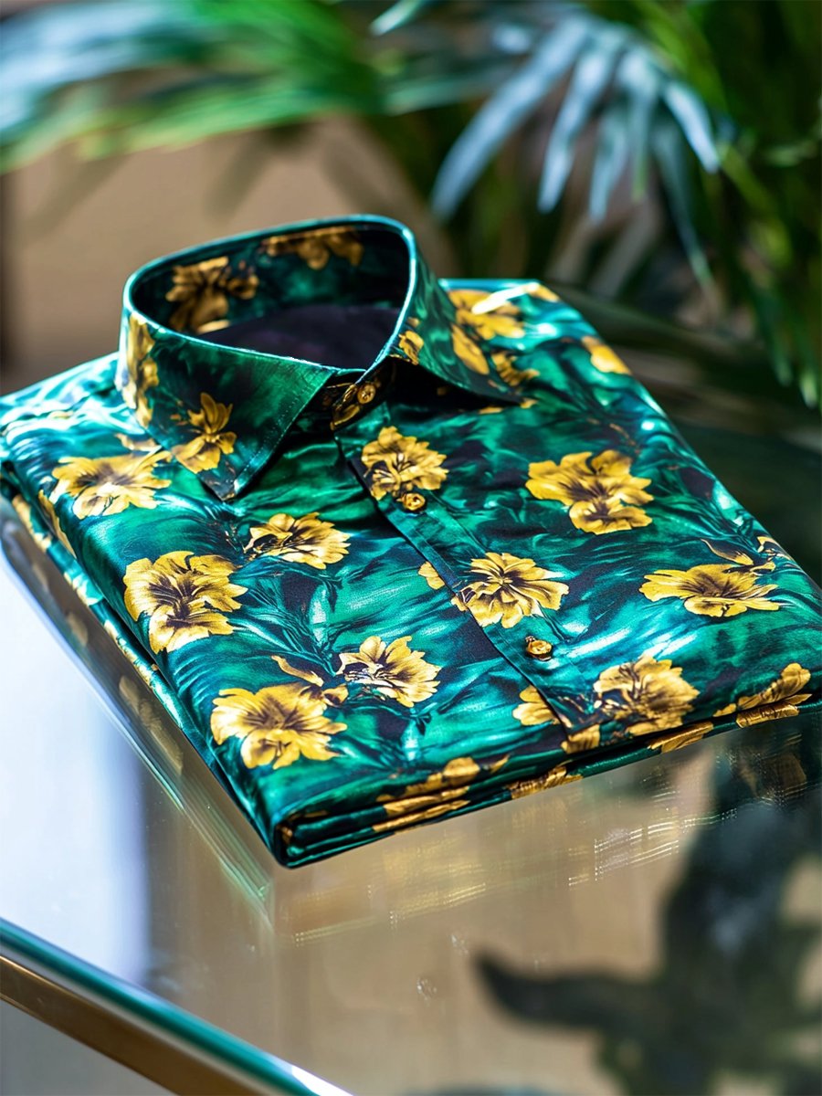 Men's Satin Luxe Hawaiian Print Short Sleeve Button Shirt