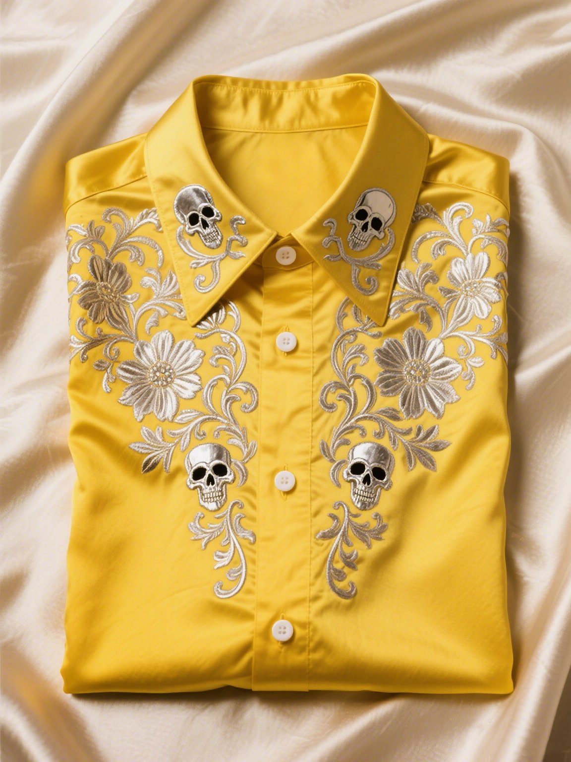 Men's Satin Luxury Business Skull Short Sleeve Button Shirt