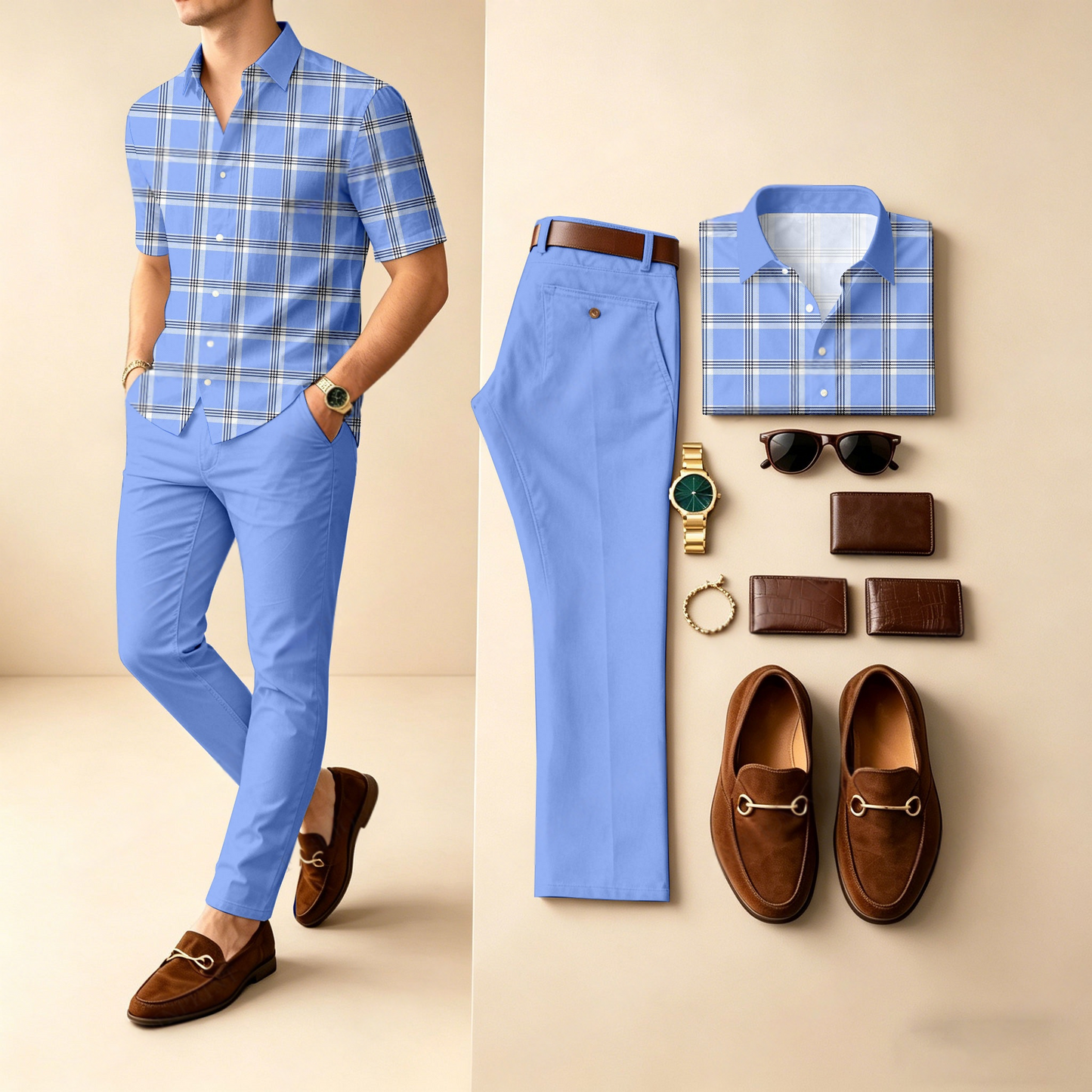 Men's Casual Blue Plaid Printed Polo Shirt And Pants Two-Piece Set
