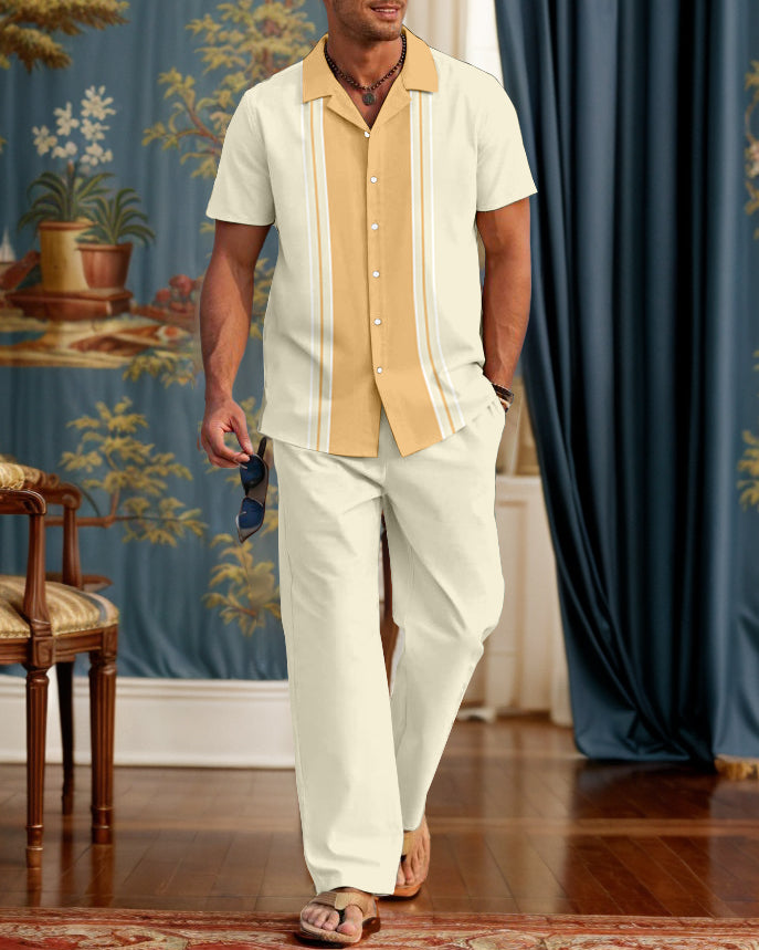 Rianmond Men's Classic Bowling Shirt Contrasting Stripes Walking Suit