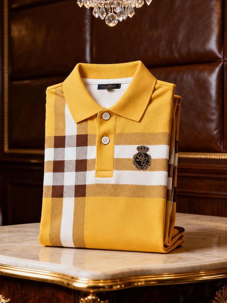 Men's Retro Business Logo Print Long Sleeve Polo Shirt