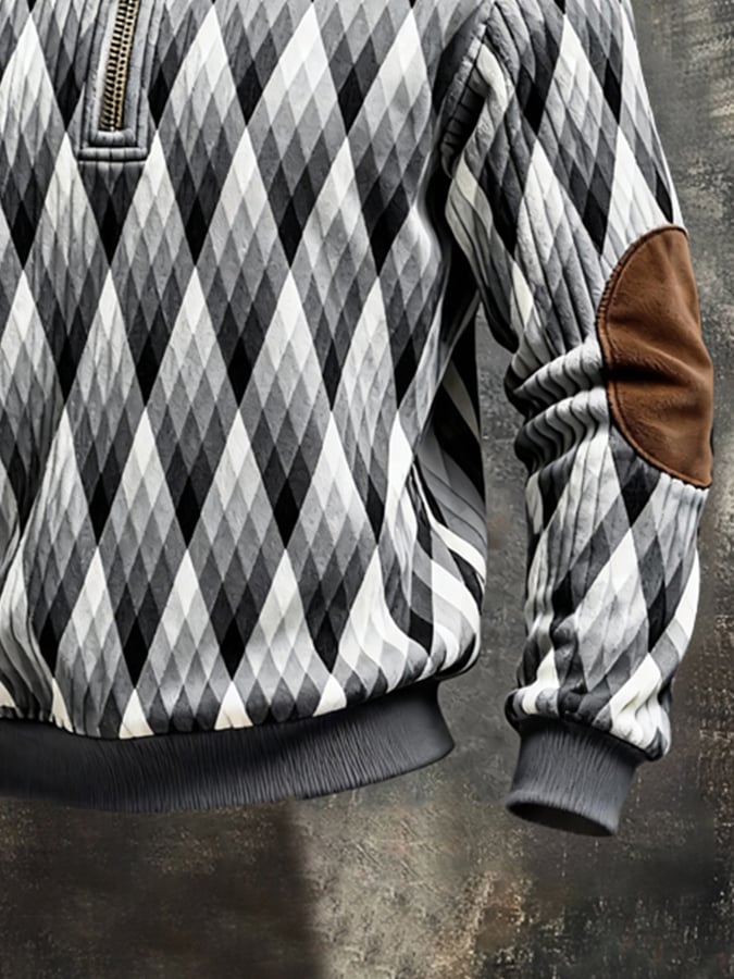 Men's Retro Color Block Print Color-Blocked Zip-Up Sweatshirt