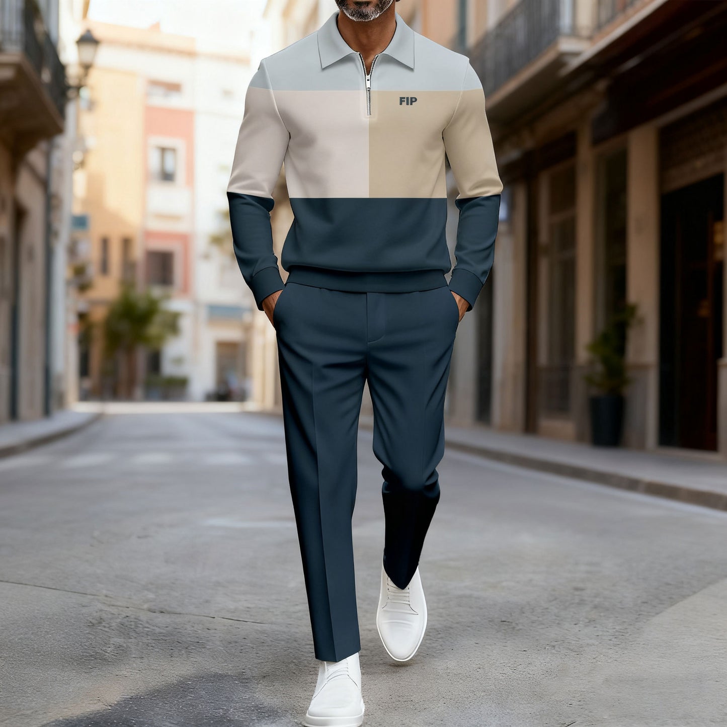 Men's Casual Blue & Apricot Color Matching Printed Polo-Collar Zipper Long Sleeved Trousers Two-Piece Set