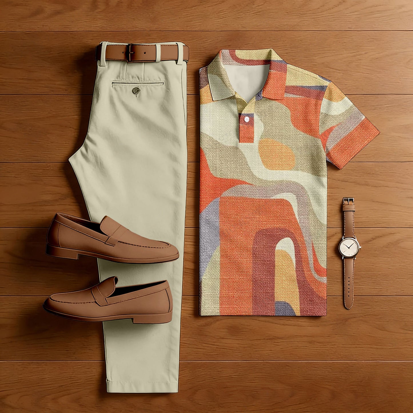 Men's Casual Khaki & Orange Color Matching Printed Short Sleeved Polo Shirt & Trousers Two-Piece Set