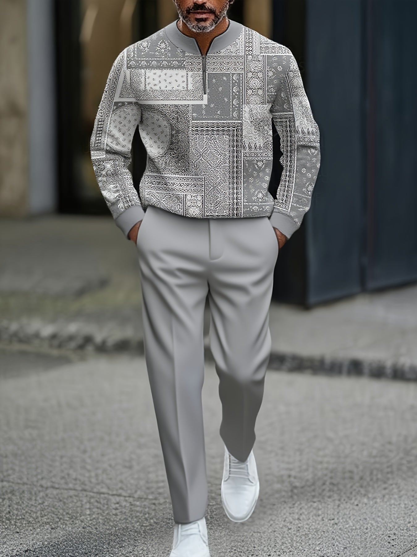 Men's Casual Color Matching Printed Round-Neck Zipper Long Sleeved Trousers Two-Piece Set