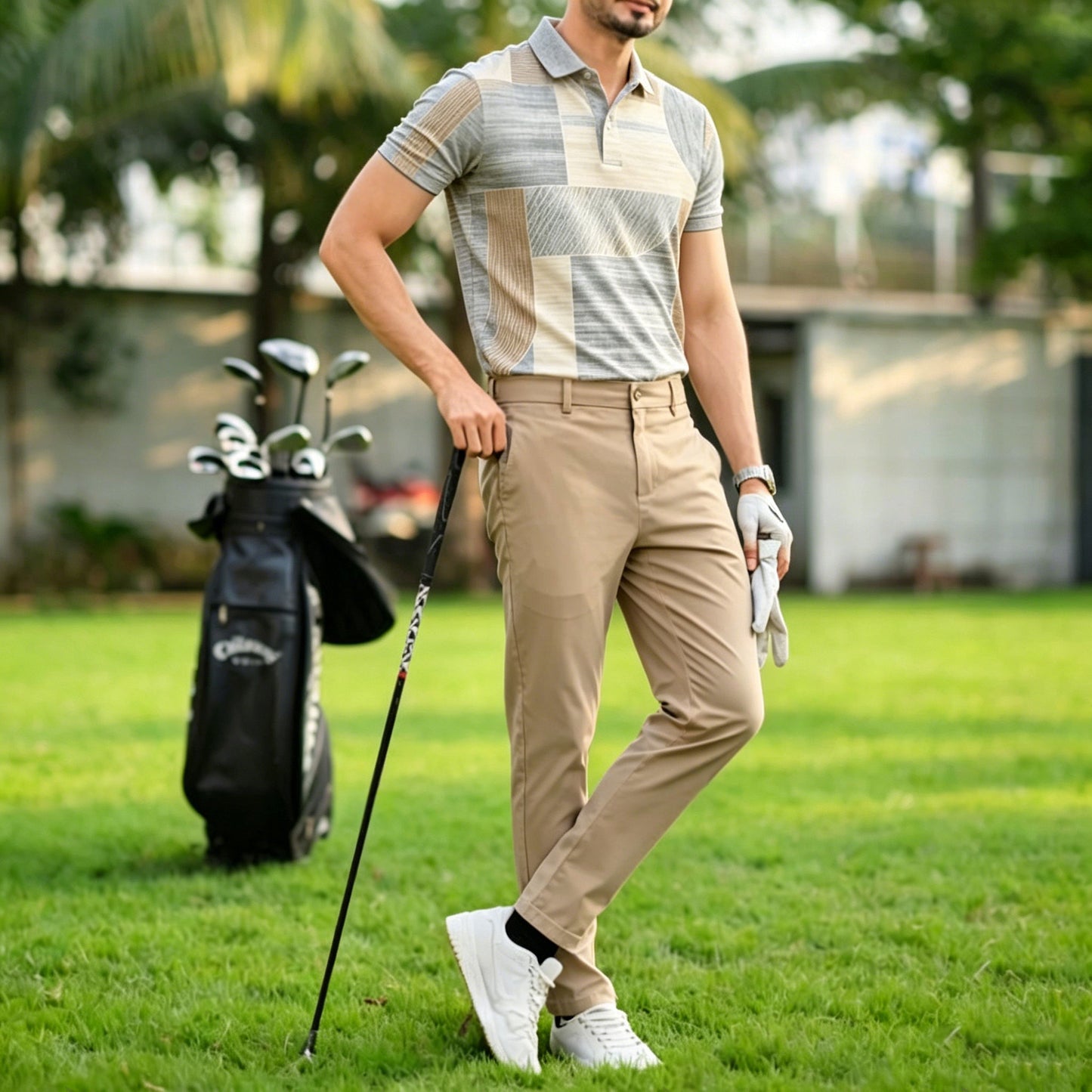 Men's Casual Gray Geometry Printed Polo Shirt And Pants Two-Piece Set