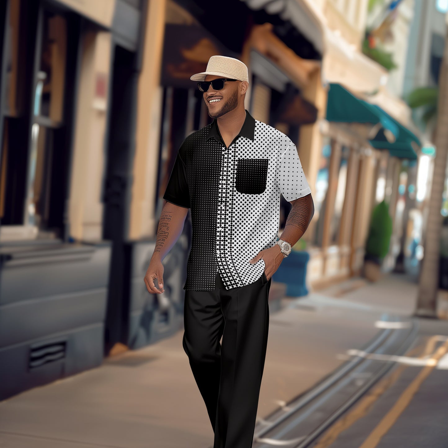 Men's retro colorblock short-sleeved shirt walking Suit 1678